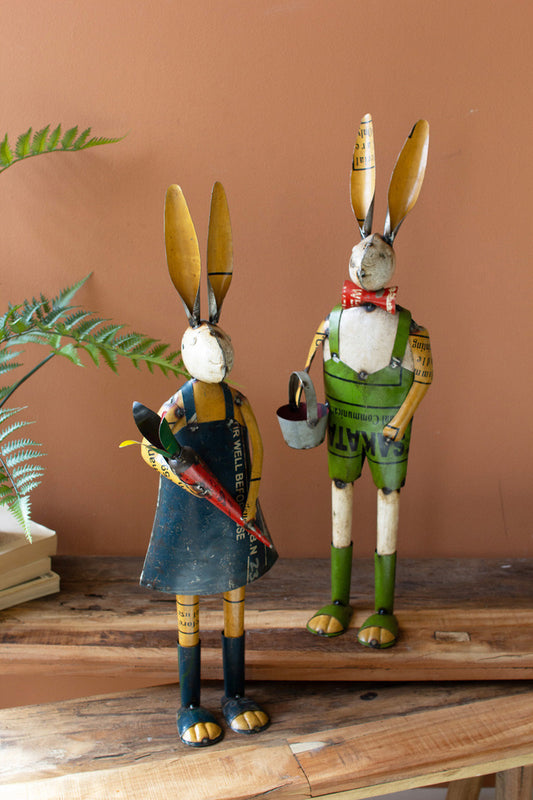 Set of 2 Recycled Metal Rabbits with Bucket and Carrot