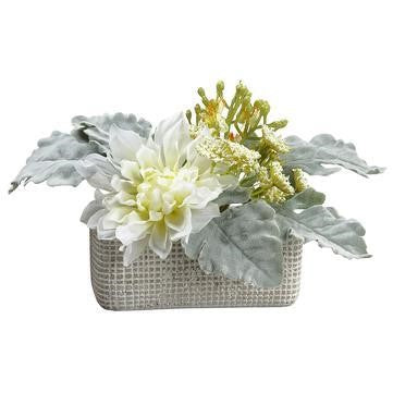 Faux 6.2" Cream Dahlia Mixed in Cement Pot