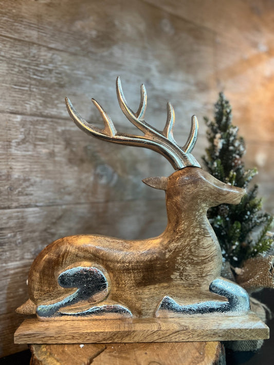 Wooden Laying Deer with Silver Antlers